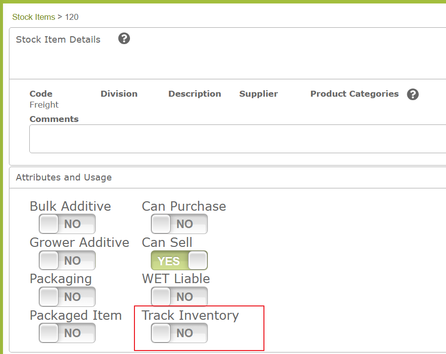 Freight with Track Inventory = No
